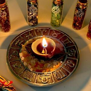 Zodiac Alter Offering Candle Plate w Zodiac Tealight Candle Bay Leaf Draw Pouch